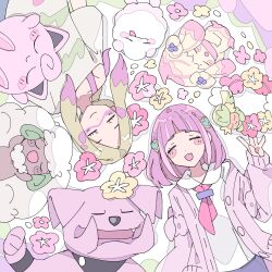  2girls alcremie alcremie_(ruby_swirl) arms_up blonde_hair blunt_bangs blush_stickers bob_cut cardigan closed_eyes collared_shirt comfey creatures_(company) fang flower game_freak gen_1_pokemon gen_2_pokemon gen_5_pokemon gen_6_pokemon gen_7_pokemon gen_8_pokemon granbull highres jigglypuff lacey_(pokemon) long_hair long_sleeves low_ponytail mina_(pokemon) multiple_girls neckerchief nintendo open_mouth paint_in_hair paint_splatter paint_splatter_on_face parted_bangs pink_cardigan pink_hair pokemon pokemon_(creature) pokemon_sm pokemon_sv red_neckerchief remoooon shirt short_sleeves single_off_shoulder smile swirlix tongue tongue_out undershirt whimsicott white_shirt 
