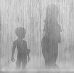  1boy 1girl ass commentary_request greyscale height_difference implied_nudity kotegawa_yui large_penis lovelovemaid monochrome onsen penis shadow shota silhouette spiked_hair to_love-ru variant_set wooden_wall 