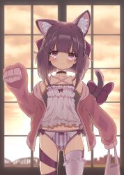  1girl animal_ear_fluff animal_ears arm_up bag blush bow bow_panties brown_hair camisole cat_ears cat_girl cat_tail choker fallenshadow hair_bow hair_ornament hairclip highres indie_virtual_youtuber jacket leg_ribbon loli no_pants off_shoulder panties pettan_(zeez4743) pink_camisole pink_eyes pink_jacket pink_panties pink_thighhighs plastic_bag ribbon short_hair single_thighhigh sleeves_past_wrists smile solo striped_clothes striped_panties tail tail_ornament tail_ribbon thigh_ribbon thighhighs thighs underwear virtual_youtuber window 