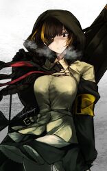  black_gloves black_jacket braid breasts brown_hair closed_mouth eyepatch girls&#039;_frontline gloves headset highres jacket kojima_(blue_stardust) long_hair looking_at_viewer m16a1_(girls&#039;_frontline) multicolored_hair necktie particle_cannon_case scar shirt simple_background solo yellow_shirt 