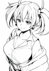  1girl arcana_heart breasts cleavage demon_girl highres large_breasts lilica_felchenerow looking_at_viewer monochrome pointy_ears smile solo traditional_media twintails  rating:Sensitive score:4 user:spk