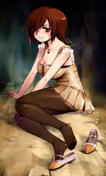1girl arm_support blush breasts brown_eyes brown_hair buttons cleavage dress fatal_frame fatal_frame_4 female_focus hair_over_one_eye jewelry lace lace-trimmed_dress lace_trim large_breasts messiah messiah_cage minazuki_ruka necklace pantyhose shoe_dangle shoes unworn_shoes short_hair single_shoe sitting solo yokozuwari rating:Sensitive score:26 user:Dragonzordasaurus