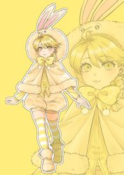  1girl :3 ayan_ip blonde_hair bow capelet clenched_hand closed_mouth commentary_request creatures_(company) eyelashes game_freak highres hood hood_up hooded_capelet long_sleeves nintendo outline pokemon pokemon_adventures shirt shoes short_hair shorts smile standing striped_clothes striped_thighhighs thighhighs yellow_(pokemon) yellow_background yellow_bow yellow_eyes yellow_shirt yellow_thighhighs zoom_layer 