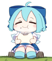  1girl absurdres ahoge baozi blue_bow blue_dress blue_footwear blue_hair blush_stickers bow cirno closed_eyes closed_mouth collared_shirt dorayaki dress eating fairy food hair_bow highres holding holding_food ice ice_wings kame_(kamepan44231) shirt shoes short_hair short_sleeves simple_background solo touhou wagashi white_background white_shirt wings 