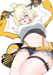  1girl :d absurdres ahoge black_gloves black_sports_bra blonde_hair blush breasts clothing_cutout crop_top crop_top_overhang cropped_sweater double_v elegg_(nikke) exposed_pocket fang from_below gloves goddess_of_victory:_nikke grey_shorts hair_intakes hair_over_eyes highres hoshino_ai&#039;s_pose illustman0924 large_breasts long_bangs long_sleeves micro_shorts multicolored_clothes multicolored_gloves multicolored_hair navel open_mouth plump purple_eyes short_hair shorts shoulder_cutout skin_fang smile solo sports_bra suspender_shorts suspenders thigh_strap thighs two-tone_hair v yellow_gloves 