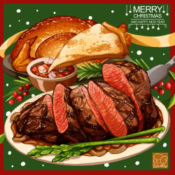 asparagus food food_focus fork happy_new_year highres meat merry_christmas new_year no_humans original plate turkey_(food) yuki00yo 
