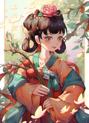  1girl absurdres black_hair branch brown_eyes bug butterfly chinese_clothes chinese_text collarbone concept_art diepbui flower food fruit hair_flower hair_ornament hair_rings hanfu highres holding how_to insect long_sleeves looking_at_viewer nail_polish original pomegranate qixiong_ruqun ruqun smile solo wide_sleeves 