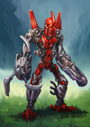  arm_cannon bionicle commentary english_commentary glowing glowing_eyes grass head_tilt highres humanoid_robot kanohi_(bionicle) kory_cromie looking_at_viewer mask orange_eyes robot shadow shield standing tahu_(bionicle) the_lego_group weapon 