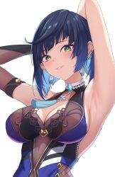  1girl armpits arms_behind_head arms_up asymmetrical_bangs blue_dress blue_hair blush breasts cleavage commentary_request dice dress earrings genshin_impact green_eyes highres jewelry large_breasts light_blush looking_at_viewer mole mole_on_breast necklace parted_lips short_hair simple_background sleeveless sleeveless_dress smile solo upper_body vic_1223 white_background yelan_(genshin_impact)  rating:Sensitive score:24 user:danbooru