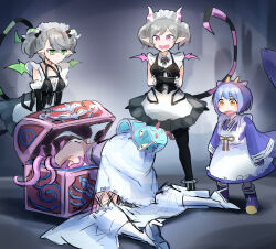  absurdres apron arianna_the_labrynth_servant arianne_the_labrynth_servant blue_hair breasts cleavage demon_girl demon_horns demon_wings dragon_girl dragon_horns dragon_tail dress duel_monster fang gloves grey_hair hatano_kiyoshi highres horns lace-trimmed_apron lace_trim laundry_dragonmaid leotard leotard_under_clothes long_sleeves lovely_labrynth_of_the_silver_castle low_wings maid maid_apron multicolored_hair multiple_girls multiple_wings open_mouth parody pointy_ears short_hair tail transparent_wings twintails wa_maid white_hair white_horns wings yellow_eyes yu-gi-oh! 