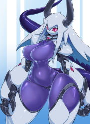  1girl android bikini bikini_bottom_only breasts cameltoe claws colored_sclera colored_skin contrapposto cowboy_shot horns large_breasts long_hair long_tail looking_at_viewer orca_(pochincoff) original pink_eyes pink_sclera pochincoff purple_skin robot solo swimsuit tail wavy_mouth white_hair white_skin  rating:Sensitive score:36 user:danbooru