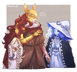  1boy 2girls amputee armor blue_skin brother_and_sister cape cloak colored_skin covered_eyes cracked_skin dress elden_ring extra_arms extra_faces fur_cloak gold_armor helmet helmet_over_eyes highres large_hat malenia_blade_of_miquella mechanical_arms miqueliafantasia miquella_(elden_ring) multiple_girls prosthesis prosthetic_arm ranni_the_witch red_cape siblings single_mechanical_arm smile trap winged_helmet 