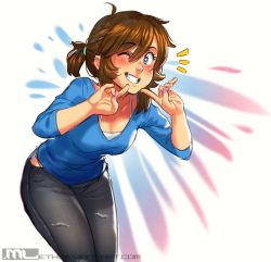 1girl ;d blue_eyes blush breasts brooke_(mleth) brown_hair commentary denim freckles grin heart heart-shaped_pupils highres jeans leaning_forward long_hair mleth nail_polish one_eye_closed open_mouth original pants pink_nails pointing pointing_at_self ponytail small_breasts smile solo spaghetti_strap standing sweater symbol-shaped_pupils wink rating:Sensitive score:71 user:danbooru