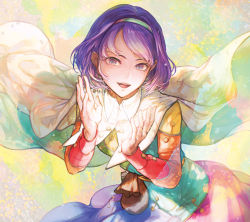  1girl :d abstract_background blue_eyes blue_hair cape cloak dress earrings hairband jewelry long_sleeves looking_at_viewer multicolored_clothes multicolored_dress multicolored_hairband open_mouth patchwork_clothes purple_eyes purple_hair rainbow_gradient shawl short_hair smile solo swept_bangs tenkyuu_chimata touhou upper_body white_cape white_cloak wind xero 