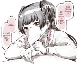 1boy 1girl blunt_bangs commentary_request english_text fellatio fellatio_under_mask greyscale hair_ornament hair_ribbon handjob hard-translated heart idolmaster idolmaster_shiny_colors implied_fellatio looking_at_viewer mask mayuzumi_fuyuko monochrome motion_lines mouth_mask oral pov ribbon short_twintails solo_focus sound_effects speech_bubble spoken_heart sunaba_suzume surgical_mask third-party_edit translated twintails rating:Explicit score:140 user:StolenTranslations