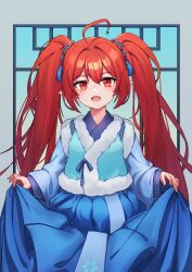  1girl :d ahoge curtsey dungeon_and_fighter hanbok highres indoors kopeolgi korean_clothes long_hair looking_at_viewer mage_(dungeon_and_fighter) open_mouth pointy_ears red_eyes red_hair skirt_hold smile standing twintails very_long_hair window 