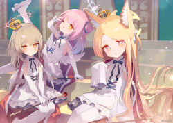  3girls ;) ;p aged_down ainy alternate_costume alternate_hairstyle angel_wings animal_ear_fluff animal_ears blonde_hair blue_archive blunt_bangs blurry braid cape commentary_request crown depth_of_field detached_sleeves dress feathered_wings fox_ears fox_girl french_braid frilled_dress frills fur-trimmed_cape fur_trim hair_between_eyes halo holding holding_scepter indoors long_hair long_sleeves looking_at_viewer mika_(blue_archive) mini_crown multiple_girls nagisa_(blue_archive) one_eye_closed orange_eyes pantyhose parted_bangs parted_lips pink_hair red_cape scepter seia_(blue_archive) sidelocks single_braid sitting sitting_on_stairs sleeves_past_fingers sleeves_past_wrists smile stairs tea_party_(blue_archive) tongue tongue_out v white_dress white_pantyhose white_wings wide_sleeves wings 