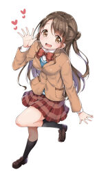  1girl :d black_socks blazer blue_sweater_vest bow bowtie breasts brown_eyes brown_footwear brown_hair brown_jacket buttons closed_jacket commentary dot_nose dress_shirt eyelashes from_above full_body hair_bun heart highres idolmaster idolmaster_cinderella_girls jacket kneehighs leg_up legs_folded loafers long_hair long_sleeves looking_at_viewer looking_up medium_breasts miniskirt nuira one_side_up open_hands open_mouth outstretched_hand plaid plaid_skirt pleated_skirt red_bow red_bowtie red_skirt school_uniform shimamura_uzuki shirt shoes simple_background single_hair_bun skirt smile socks solo spread_fingers standing standing_on_one_leg sweater_vest swept_bangs tachi-e waving white_background white_shirt 