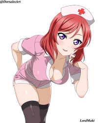  1girl absurdres alternate_costume arm_behind_back artist_name bent_over black_thighhighs breasts cleavage dorsalecart hat highres leaning_forward looking_at_viewer love_live! love_live!_school_idol_project medium_breasts medium_hair nishikino_maki nurse nurse_cap parted_lips pink_shirt pink_shorts purple_eyes red_hair shirt short_shorts shorts simple_background skindentation smile solo thighhighs thighs white_background 