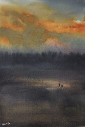  2others cloud cloudy_sky day field forest grasslands highres mixed-language_commentary mouen_tw multiple_others nature orange_sky original outdoors painting_(medium) scenery signature sky traditional_media tree watercolor_(medium) 