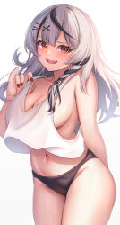  1girl absurdres aoi_zerii bare_shoulders black_hair black_panties blush breasts camisole cleavage collarbone grey_hair hair_ornament highres hololive large_breasts long_hair looking_at_viewer multicolored_hair nail_polish navel open_mouth panties red_eyes sakamata_chloe sideboob smile solo streaked_hair thighs underwear virtual_youtuber white_camisole x_hair_ornament 