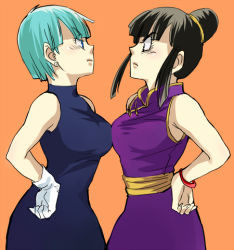  2girls angry aqua_hair bad_id bad_pixiv_id black_eyes black_hair blue_eyes blue_hair breast_press breasts bulma chi-chi_(dragon_ball) confrontation dragon_ball eye_contact face-to-face female_focus gloves hair_bun hand_on_own_hip hime_cut large_breasts long_hair looking_at_another lowres multiple_girls pinki_(shounenkakuseiya) short_hair simple_background symmetrical_docking  rating:Sensitive score:91 user:danbooru