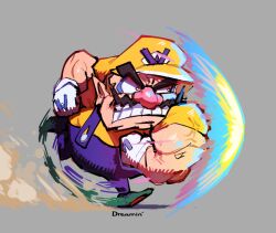 1boy artist_name big_nose dreaminerryday facial_hair gloves green_footwear grey_background grin hat muscular muscular_male mustache nintendo overalls pointy_ears purple_overalls shirt simple_background smile thick_eyebrows wario wario_land white_gloves yellow_hat yellow_shirt 