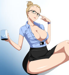  1girl bad_anatomy bare_legs blonde_hair blue_eyes breasts cleavage courtney_collins crossed_legs cup glasses gradient_background hair_bun hair_up holding large_breasts legs lipstick long_legs looking_at_viewer makeup metal_gear_(series) metal_gear_rising:_revengeance mole mug name_tag no_bra open_clothes pointing side_slit simple_background single_hair_bun sitting skirt smile solo thighs unbuttoned watch wristwatch yoshida_keiji 