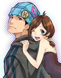 1boy 1girl ;d ace_attorney apollo_justice:_ace_attorney bad_id bad_pixiv_id bare_shoulders beanie black_hair blue_eyes blue_hat brown_hair earrings facial_hair hat hood hoodie jacket jewelry kat_(bu-kunn) one_eye_closed open_mouth phoenix_wright ponytail short_hair smile stubble trucy_wright rating:Sensitive score:13 user:danbooru