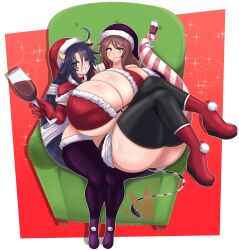 2girls absurdres ahoge animal_ears animal_print ass bandages bikini black_hair black_thighhighs blue_eyes breasts brown_hair christmas cleavage commission couch cow_ears cow_girl cow_horns cow_print cow_tail crysnickel cup drinking_glass female_focus full_body gigantic_breasts grin hat highres hizuki_touko horns huge_ass kagaku_na_yatsura long_hair looking_at_viewer micro_bikini multiple_girls on_lap one_eye_closed outline red_background santa_hat shiny_skin sitting smile sparkle swimsuit tail thick_thighs thighhighs thighs underboob white_outline wide_hips wine_glass wink 
