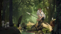 1girl absurdres bare_arms black_hair black_skirt closed_mouth coat facepaint fantasy forest fur_coat highres holding holding_polearm holding_weapon jewelry leaf martha3 mask mask_on_head medium_hair mononoke_hime nature necklace outdoors polearm river san_(mononoke_hime) shirt skirt sleeveless sleeveless_shirt squatting studio_ghibli tooth_necklace tree weapon white_shirt rating:General score:0 user:danbooru
