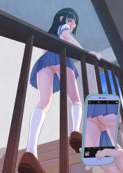1boy 1girl ass blue_skirt blunt_bangs blush ceiling cleft_of_venus embarrassed exhibitionism from_below gluteal_fold guard_rail hand_on_railing hetero highres hiland humiliation kneehighs kneepits long_hair looking_at_viewer looking_back no_panties on_stairs original phone photographic_proof pleated_skirt pov pov_hands public_indecency pussy pussy_juice sailor_collar school_uniform shoe_soles shoes sidelocks skirt socks solo_focus stairs thighs upskirt viewfinder white_socks rating:Explicit score:259 user:DoctorWasabi