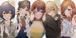  5girls 5others :t absurdres ahoge annoyed arisugawa_natsuha arms_up backpack bag black_hoodie blue_hair blue_sweater blunt_bangs blurry blush bra_strap bracelet brown_eyes brown_hair cheek_pinching chocolate closed_mouth column_lineup commentary_request confused dot_nose double_bun ear_piercing earrings fanged_bangs floral_print flower flying_sweatdrops food grey_background grey_eyes grey_shirt hair_bun hair_flower hair_ornament hand_on_another&#039;s_cheek hand_on_another&#039;s_face hands_on_another&#039;s_cheeks hands_on_another&#039;s_face hands_up head_tilt headpat highres holding holding_bag holding_chocolate holding_food hood hoodie houkago_climax_girls_(idolmaster) idolmaster idolmaster_shiny_colors iwawa japanese_clothes jewelry kimono komiya_kaho long_hair long_sleeves looking_at_viewer looking_to_the_side low_ponytail morino_rinze multiple_girls multiple_others one_eye_closed open_mouth out_of_frame overalls parted_lips piercing pinching playing_with_own_hair purple_eyes randoseru red_eyes ring saijo_juri shirt short_hair short_twintails simple_background smile snack sonoda_chiyoko striped_clothes striped_sweater sweater teeth turtleneck twintails two_side_up upper_body upper_teeth_only wavy_mouth white_background white_shirt white_sweater 