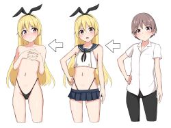  1boy bare_arms bare_shoulders baretto_(karasi07) before_and_after black_hairband black_panties black_pants blonde_hair blue_sailor_collar blue_skirt blush brown_eyes brown_hair bulge buttons collarbone collared_shirt cosplay covered_penis covering_nipples covering_privates crop_top crossdressing dress embarrassed functionally_nude hairband hand_on_own_chest hand_on_own_hip hands_up highleg highleg_panties highres kantai_collection long_hair looking_at_viewer miniskirt navel neckerchief original panties panties_only pants panty_bulge penis_in_panties pleated_skirt removed_clothing sailor_collar sailor_dress shimakaze-kun shimakaze_(kancolle) shimakaze_(kancolle)_(cosplay) shimakaze_(kantai_collection) shirt short_hair simple_background skirt solo solo_focus standing stomach thong trap underwear underwear_only undressing white_background white_shirt wig  rating:Sensitive score:86 user:SteelFiraxis