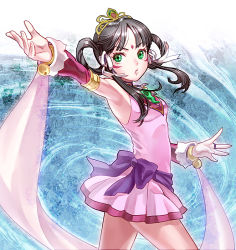  1girl black_hair bow facial_mark green_eyes ace_attorney phoenix_wright:_ace_attorney_-_spirit_of_justice hair_rings jewelry magatama necklace pink_shirt purple_bow rayfa_padma_khura&#039;in shirt tiara  rating:Sensitive score:4 user:beasty123