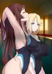  2girls blonde_hair blue_eyes breasts brown_hair competition_swimsuit highres huge_breasts large_breasts long_hair makishima_azusa multiple_girls muv-luv muv-luv_alternative muvluv_alternative_total_eclipse muv-luv_total_eclipse one-piece_swimsuit short_hair stella_bremer swimsuit takamura_yui  rating:Questionable score:22 user:GMSniper56