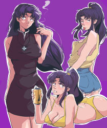  1girl absurdres ass beer_can bikini black_dress breasts can cigarette cleavage cross cross_necklace denim denim_shorts dentedhood dress drink_can female_focus greek_cross hairband highres holding holding_can jewelry katsuragi_misato large_breasts medium_breasts medium_hair multiple_views necklace neon_genesis_evangelion ponytail purple_background purple_eyes purple_hair shorts simple_background swimsuit tongue tongue_out yellow_bikini 