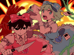  2boys basil_(headspace)_(omori) basil_(omori) belt black_eyes black_hair blue_bow blue_eyes bow broken_heart buttons camera child collared_shirt colored_skin cosplay dress erimageru explosion fingernails frilled_dress frilled_sleeves frilled_wrist_cuffs frills green_hair hair_behind_ear hair_between_eyes hair_bow hands_up heart highres holding holding_camera holding_knife knife looking_at_viewer looking_to_the_side multiple_boys no_pupils omori omori_(omori) open_mouth outstretched_arm photo_(object) pink_bow pink_dress plant polka_dot polka_dot_bow puffy_short_sleeves puffy_sleeves shirt short_hair short_sleeves sweetheart_(omori) sweetheart_(omori)_(cosplay) teeth tongue two-tone_bow upper_body v-shaped_eyebrows vines white_bow white_shirt white_skin white_wrist_cuffs wrist_cuffs 