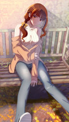  1girl absurdres autumn bangs bare_shoulders beige_sweater bench between_legs blunt_bangs bow breasts brown_eyes brown_hair brown_jacket chinese_commentary closed_mouth commentary_request denim foliage foot_out_of_frame hair_bow hair_over_shoulder hand_between_legs hand_on_own_arm head_tilt highres jacket jeans legs_apart long_hair long_sleeves looking_at_viewer medium_breasts off_shoulder on_bench open_clothes open_jacket original outdoors pants partial_commentary ribbed_sweater shoe_soles shoes side_ponytail sidelocks sitting sleeveless_sweater sleeves_past_wrists smile solo sweater torn_clothes torn_jeans torn_pants wooden_bench y0o0o0 yellow_bow 