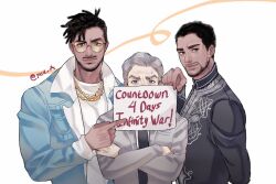  3boys akira_yoru arm_behind_back artist_name black_hair black_panther_(film) black_shirt blue_eyes blue_jacket brown_eyes closed_mouth commentary dark-skinned_male dark_skin english_commentary english_text grey_hair grey_jacket hand_up holding jacket jewelry killmonger looking_at_viewer male_focus marvel marvel_cinematic_universe multiple_boys necklace open_clothes open_jacket pocket pointing shirt short_hair simple_background smile sunglasses sweatdrop t&#039;challa t-shirt tinted_eyewear v-shaped_eyebrows white_background white_shirt yellow-tinted_eyewear 