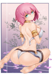  1girl absurdres ass bad_id bad_pixiv_id bare_back bare_shoulders barefoot blush breasts feet green_eyes highres large_breasts md5_mismatch oni-noboru original petals pink_hair short_hair sitting soles solo sweat toes  rating:Questionable score:50 user:danbooru