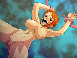  blush breasts censored large_breasts murata_(acid-head) nami_(one_piece) navel nipples nude one_piece open_mouth orange_hair spread_legs tentacles you_gonna_get_raped  rating:Explicit score:15 user:DARKCLUD
