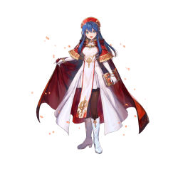  1girl absurdres alternate_costume azu-taro blue_eyes blue_hair book boota boots bracelet breasts cape commentary_request elbow_gloves female_focus fire_emblem fire_emblem:_the_binding_blade fire_emblem_heroes full_body gloves hat highres holding holding_book jewelry knee_boots lilina_(fire_emblem) long_hair looking_at_viewer matching_hair/eyes medium_breasts nintendo official_art open_mouth pantyhose pelvic_curtain red_cape shiny_clothes simple_background smile solo standing white_background white_footwear white_gloves 