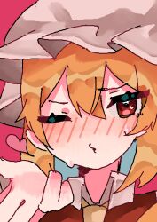  1girl absurdres ascot blonde_hair blowing_kiss flandre_scarlet heart heart-shaped_pupils highres one_eye_closed red_background red_eyes rokka_(rokka937) simple_background solo sweat symbol-shaped_pupils touhou upper_body white_mob_cap yellow_ascot 