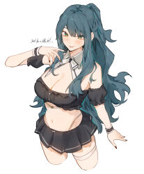  1girl absurdres alternate_costume aqua_hair black_nails black_skirt blush breasts character_request collar commentary copyright_request crop_top detached_collar english_commentary english_text furrowed_brow green_eyes grey_background highres large_breasts long_hair looking_at_viewer navel open_mouth pleated_skirt shouz simple_background skirt smile solo standing white_collar 