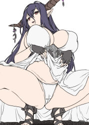 1girl bare_arms bare_shoulders black_gloves breasts danua dress fingerless_gloves gloves granblue_fantasy highres horn_ornament horns houtengeki large_breasts lifted_by_self long_hair looking_at_viewer open_mouth panties pointy_ears red_eyes sideboob simple_background solo squatting thighs underwear white_background white_dress white_panties rating:Sensitive score:88 user:danbooru