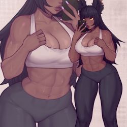 1girl abs animal_ears asura_(asurauser) black_hair black_pants blunt_bangs borrowed_character breasts cellphone cleavage cleavage_reach commentary commentary_request commission cowboy_shot dark-skinned_female dark_skin ear_piercing english_commentary eyeshadow fingernails highres holding holding_phone large_breasts lips long_hair makeup midriff muscular muscular_female nail_polish navel nose original pants phone piercing selfie smartphone solo sports_bra standing sweat taking_picture thick_thighs thighs tight_clothes tight_pants white_sports_bra yellow_eyes yoga_pants zoom_layer rating:Sensitive score:94 user:danbooru
