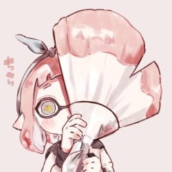  +_+ 1girl bandana blue_bandana dot_nose grey_background grey_eyes inkling inkling_girl inkling_player_character long_sleeves nintendo open_mouth painbrush_(splatoon) pink_hair plum0o0 pointy_ears short_bangs short_eyebrows short_hair simple_background solo splatoon_(series) suction_cups tentacle_hair triangle_mouth 