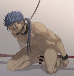  1boy bar_censor barefoot bdsm blue_hair blue_pubic_hair bondage bound censored collar completely_nude cu_chulainn_(fate) cu_chulainn_(fate/stay_night) fate/stay_night fate_(series) flaccid full_body gag gagged highres kneeling leash long_hair looking_at_viewer male_focus male_pubic_hair mondi_hl nipples nude o-ring penis ponytail pubic_hair red_eyes restrained solo  rating:Explicit score:41 user:danbooru