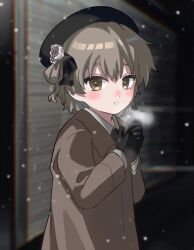  1girl beret black_gloves black_hat black_ribbon blurry blurry_background blush breath brown_coat brown_eyes brown_hair coat collared_coat collared_shirt flower from_side gloves hair_flower hair_ornament hair_ribbon hands_up hat hatoba_tsugu highres kinako_marumaru long_sleeves looking_at_viewer looking_to_the_side mole mole_under_eye night outdoors own_hands_together ribbon shirt sign single_hair_ring snowing solo tsugu_(vtuber) upper_body white_flower 